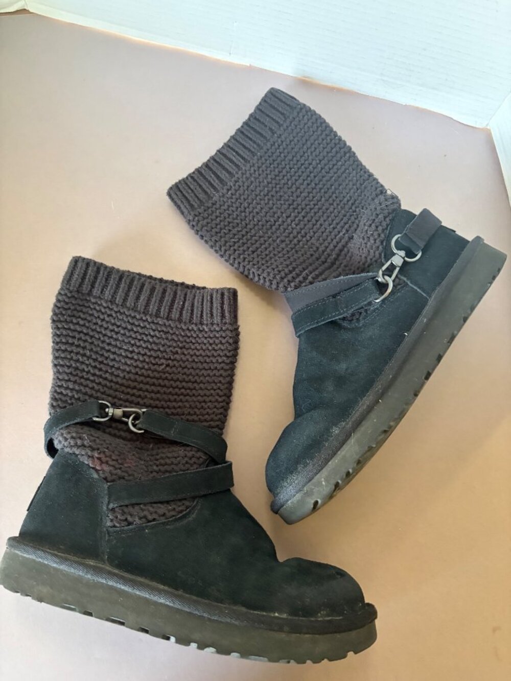 UGG Black Knit Cuff Suede Boots With Adjustable Strap